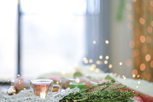 herbs and tea cup with fairy lights