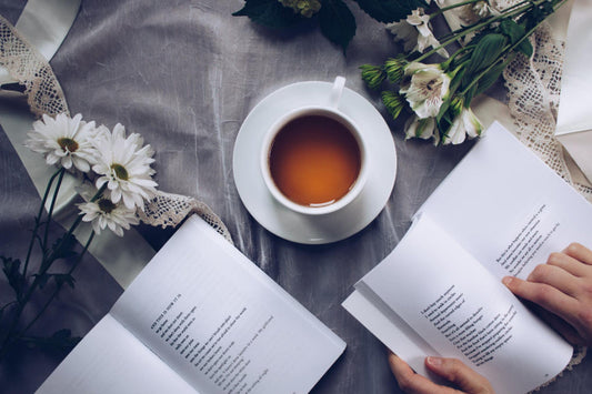 black tea on grey cloth